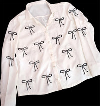 Elegant White Button-Up Shirt with Black Bow Embroidery