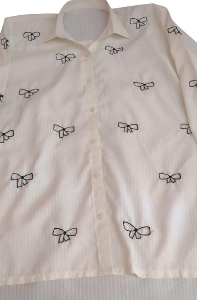 Elegant White Button-Up Shirt with Black Bow Embroidery