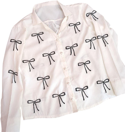 Elegant White Button-Up Shirt with Black Bow Embroidery