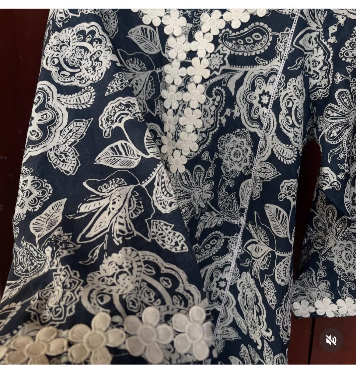 Navy Blue & White Floral Printed Kurti with Lace Neck Design