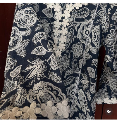 Navy Blue & White Floral Printed Kurti with Lace Neck Design