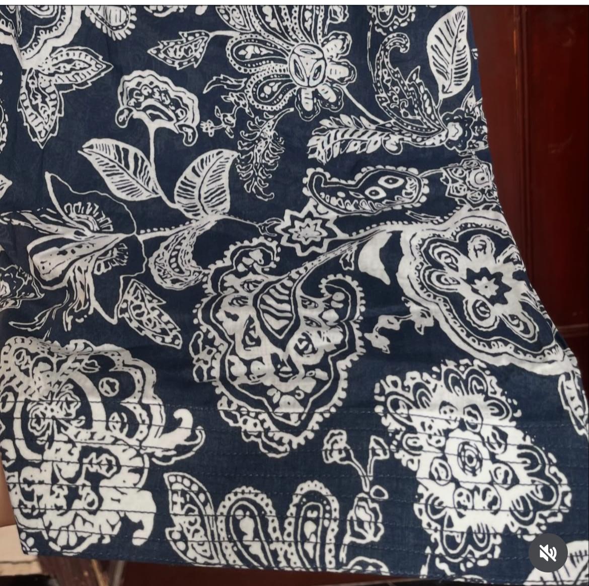 Navy Blue & White Floral Printed Kurti with Lace Neck Design